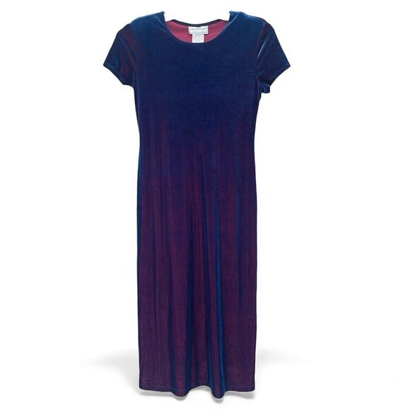 Vintage Molly Malloy Blue Cross Velvet Dress Size 6 Pink Iridescent Short Sleeve - Picture 2 of 12